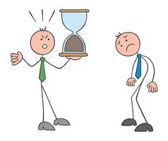 Frustrated stickman boss holding finished hourglass and shouting at employee, stickman employee is very upset, deadline is over and the task could not be completed vector