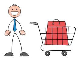 stickman, hombre de negocios, feliz, cliente, con, carrito de compras, y, bolsa de compras, dentro, mano, dibujado, contorno, caricatura, vector, ilustración vector
