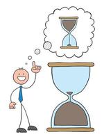 Stickman businessman is in front of the hourglass that is almost finished and he has an idea to turn it upside down, gain time again vector