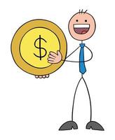 Stickman businessman holding dollar coin and happy, hand drawn outline cartoon vector illustration