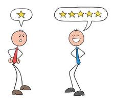 dos clientes stickman hombre de negocios discutiendo entre sí. uno no esta nada satisfecho con el servicio o producto y le da 1 estrella, el otro esta satisfecho y le da 5 estrellas vector