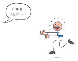 Stickman businessman is running excitedly towards the free wifi speech bubble, hand drawn outline cartoon vector illustration
