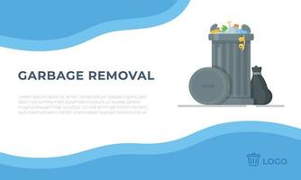 Gray trash can on blue and white background.  Site for ordering garbage collection service. vector