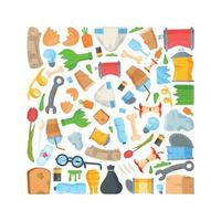 Vector illustration of wallpaper made of broken glasses, battered bottles, cans and scraps.