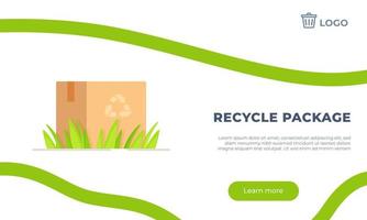 Vector illustration of recycle box template. Concept of a cardboard box standing on the grass.