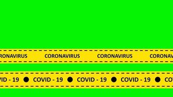 pantalla verde animada del virus corona de la cinta de precaución. cinta de barrera amarilla