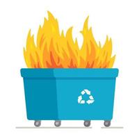 Vector illustration of bin fire. Consequence of safety violations. Large blue recycling bin fire on white background.