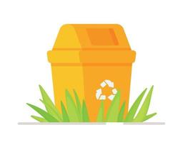 Vector illustration of a paper recycling bin standing on the grass. Trash can for recycling.