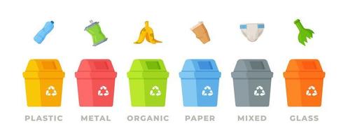 reciclaje, recolección de separación de basura y reciclaje están aislados en un fondo blanco. basura orgánica, papelera, metálica, plástica y mixta. vector