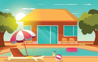 Outdoor Swimming Pool House Summer Leisure Relaxation Flat Design Illustration vector