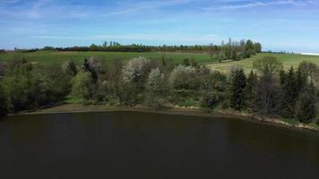 Aerial view lake and blooming trees in 4K video