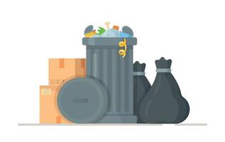 Vector illustration of black trash bags standing near a trash can. The concept of garbage.