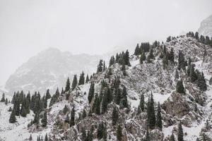 paisaje de montañas rocosas de invierno con niebla foto