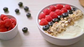 homemade yogurt bowl with raspberry, blueberry and granola  - healthy food style video