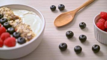 ciotola di yogurt fatta in casa con lampone, mirtillo e muesli - stile alimentare sano video