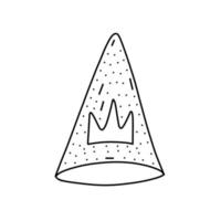 Hand drawn party hat icon in doodle style. Cartoon party hat vector icon for web design isolated on white background.