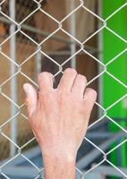 Hands with Mesh cage, Hands with steel mesh fence photo