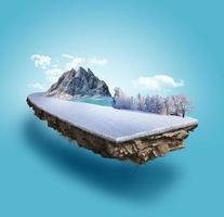 Ilustración 3d del anuncio de la carretera nevada. camino de nieve con montañas aisladas. antecedentes de viajes y vacaciones. foto