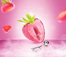 Anuncios de helado de fresa con cuchara cayendo desde arriba con fruta sobre fondo rosa. Diseño de banner creativo aislado de helado de fresa de ilustraciones 3d foto