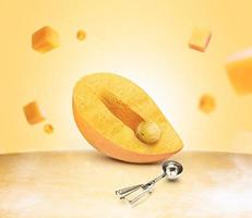 Mango ice cream ads with scoop pouring down from top with fruit on yellow background. 3d illustrations mango ice cream isolated creative banner design photo