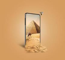 Travel landscape with sand dunes on the screen of smartphone. Unusual 3D illustration. Travel and vacation concept. Online travel booking photo