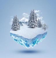 3d illustration of snowy island advertisement. snow with mountains isolated. Travel and vacation background. photo