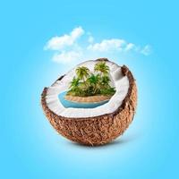 3d illustration of beautiful tropical island in coconut. traveling and vacation concept photo