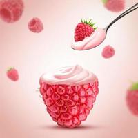 anuncios de yogur de frambuesa, una cuchara de yogur de frambuesa cremoso afiche creativo aislado, ilustración 3d de anuncios naturales de frambuesa foto