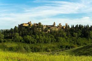 The historic city of Certaldo Florence seen with green wheat field photo