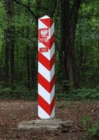 signo fronterizo de la república de polonia en el bosque foto