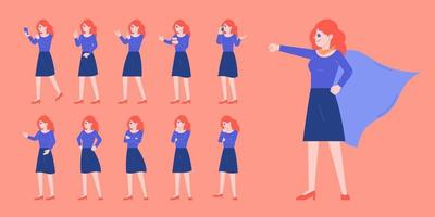 Office working woman employee various posing action flat vector illustration