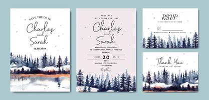 conjunto de invitación de boda de acuarela paisaje invernal con pinos y nieve vector