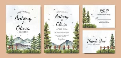 conjunto de invitación de boda acuarela de montaña y pinos vector