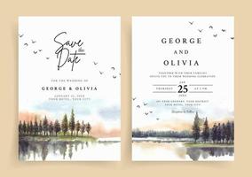 Watercolor wedding invitation with reflection of pine trees in lake vector