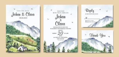 conjunto de invitación de boda de paisaje natural con acuarela de casa y montaña vector