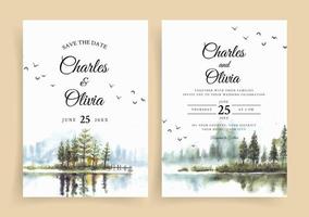 Watercolor wedding invitation with reflection of beautiful pine trees in lake