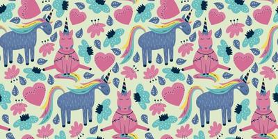 Scandinavian rainbow unicorns in love and flowers seamless pattern.Cute childish pattern about horses in love. Vector illustration in a flat style