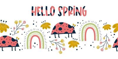 Seamless border with ladybug, rainbow and flower, pink background. Scandinvian Spring design. Insect ladybird with flowers and branches simple summer seamless printFlat Vector illustration