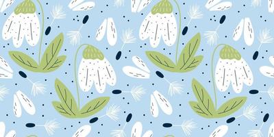 Scandinavian spring seamless pattern with snowdrop, flowers with petals and dandelion. Spring minimalistic pattern. Flat vector illustration