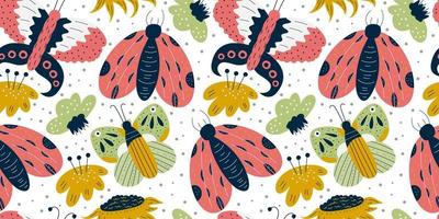 Scandinavian spring seamless pattern with butterfly and moth on white background. Red insect with wings and flowers. Seamless colorful pattern for baby textile vector