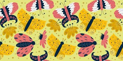 Scandinavian spring seamless pattern with butterfly and moth on yellow background. Red insect with wings and flowers. Seamless colorful pattern for baby textile. vector