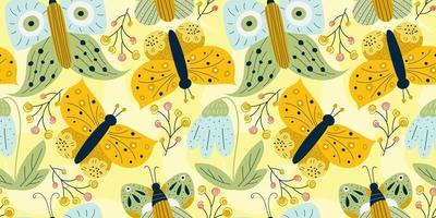 Scandinavian spring seamless pattern with butterfly and snowdrop on yellow background. Yellow insect with wings and flowers. Seamless colorful pattern for baby textile vector