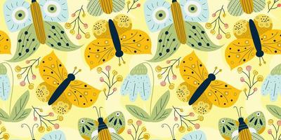 Scandinavian spring seamless pattern with butterfly and snowdrop on yellow background. Yellow insect with wings and flowers. Seamless colorful pattern for baby textile vector