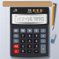 Calculator, pencil, eraser and ruler on blank sheet of paper with grid background. Eps10 vector