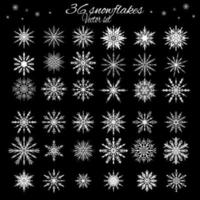 Set 36 white different snowflakes of handmade with long shadow vector