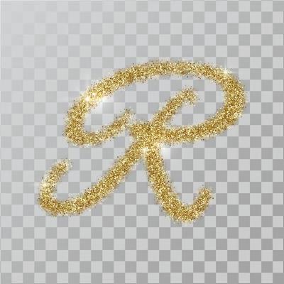 Gold glitter powder letter R in  hand painted style.