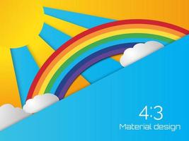 sol de verano con nubes y fondo de arco iris. estilo de corte de papel. vector