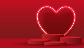 Happy valentines day and stage podium decorated with heart shape lighting. pedestal scene with for product, cosmetic, advertising, show, award ceremony, on red background. vector design