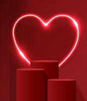 Happy valentines day and stage podium decorated with heart shape lighting. pedestal scene with for product, cosmetic, advertising, show, award ceremony, on red background. vector design
