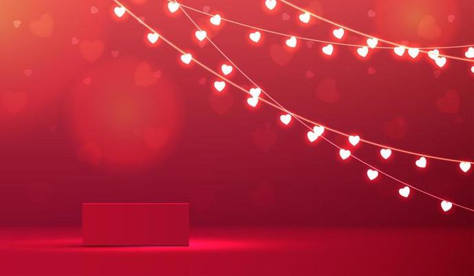 Happy valentines day and stage podium decorated with heart shape lighting. pedestal scene with for product, cosmetic, advertising, show, award ceremony, on red background. vector design